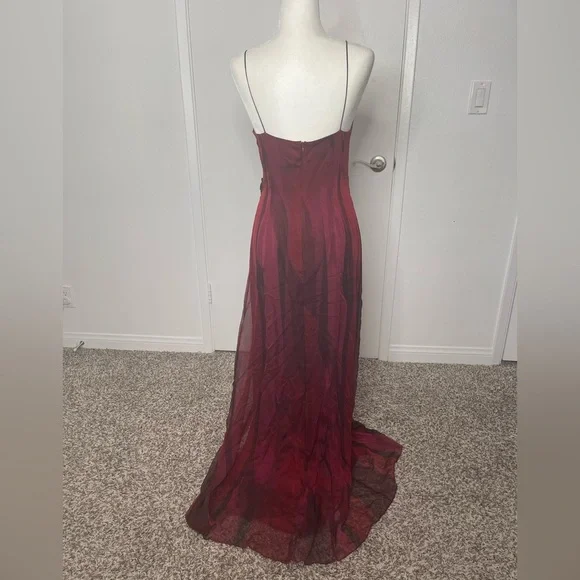 Elie Tahari 100% Silk Chiffon Red Black Spaghetti Strap Slit Front Maxi Dress 8 - Picture 5 of 10